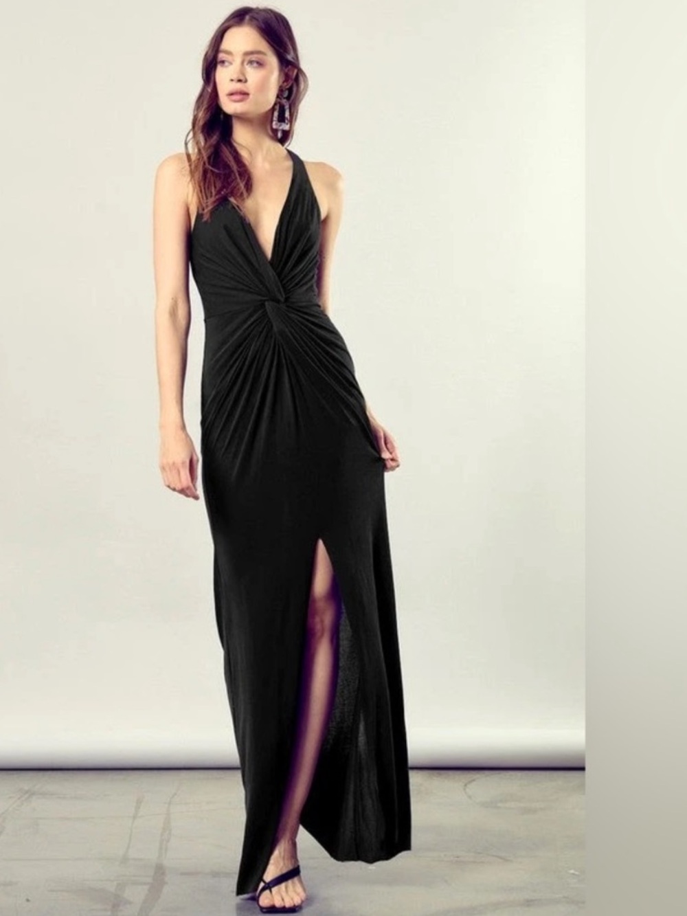 NWT Mustard Seed Maxi Plunging Neckline Black Twist Knot High Slit Dress